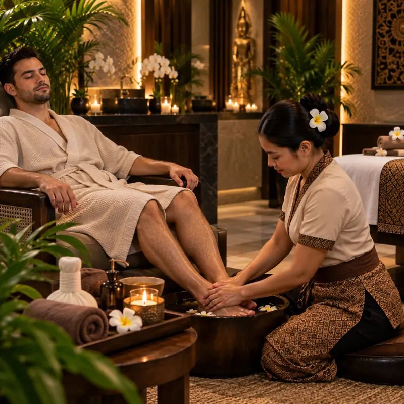 Foot and leg work during a massage in Liwan