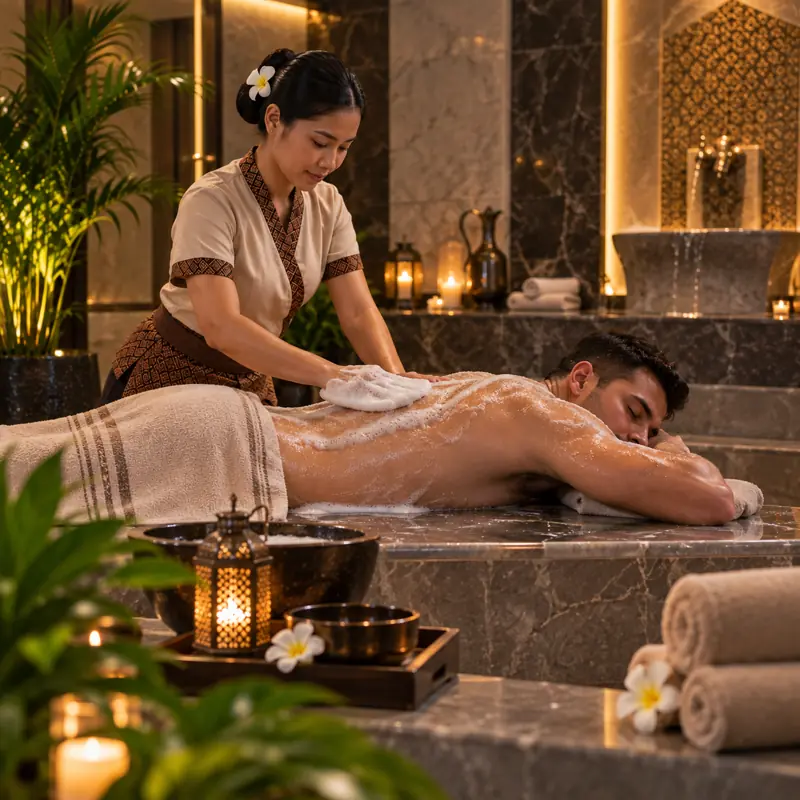 Moroccan bath scrub on a marble bench